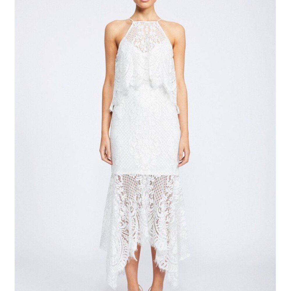*Shona Joy Lace High Neck Handkerchief Dress Ivory NWT US 2